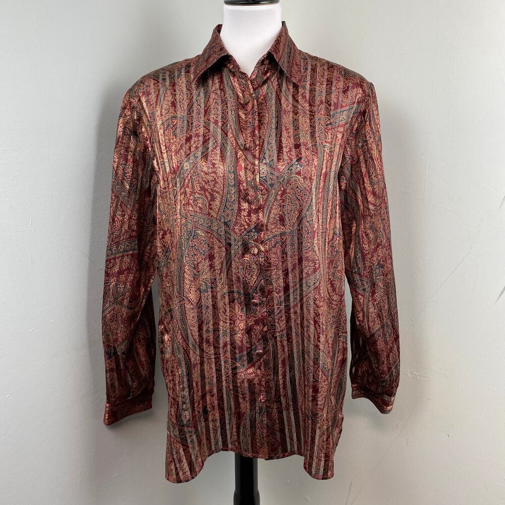 Vintage Yves St Clair Wine & Gold Semi Sheer Button Up Blouse Size 10